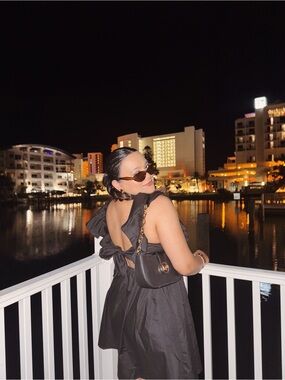 Black Back-Tie Mini Dress with Puff Shoulders
